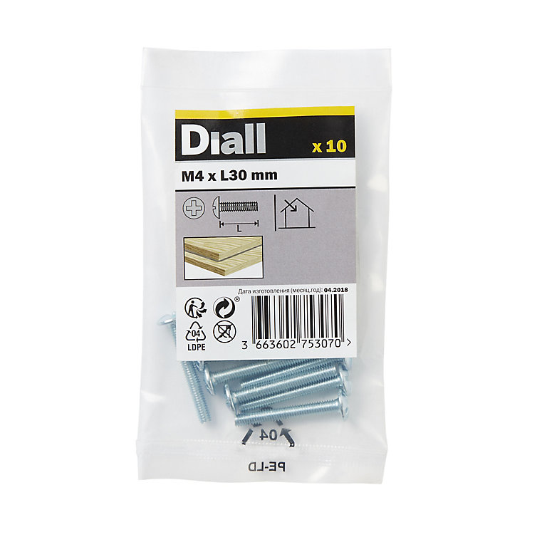 Product image for Diall Pan head Zinc-plated Carbon steel Drawer knob Screw (Dia)4mm (L)30mm, Pack of 10