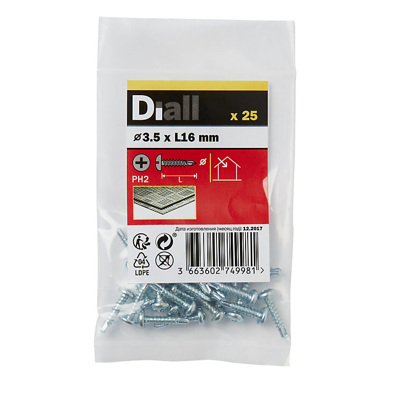 Product image for Diall Phillips Pan head Zinc-plated Carbon steel (C1022) Self-drilling screw (Dia)3.5mm (L)16mm, Pack of 25