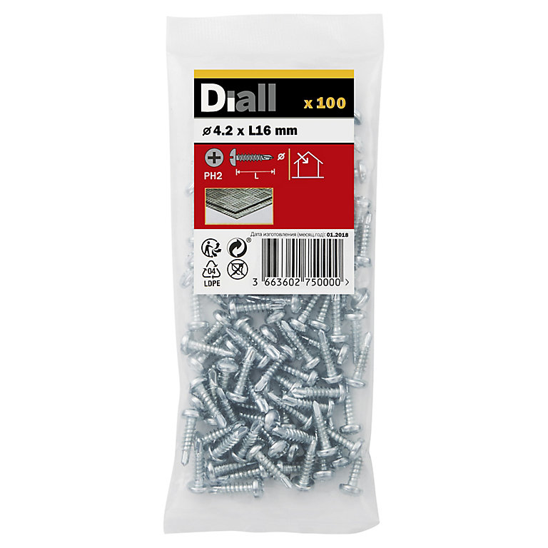 Product image for Diall Phillips Pan head Zinc-plated Carbon steel (C1022) Self-drilling screw (Dia)4.2mm (L)16mm, Pack of 100