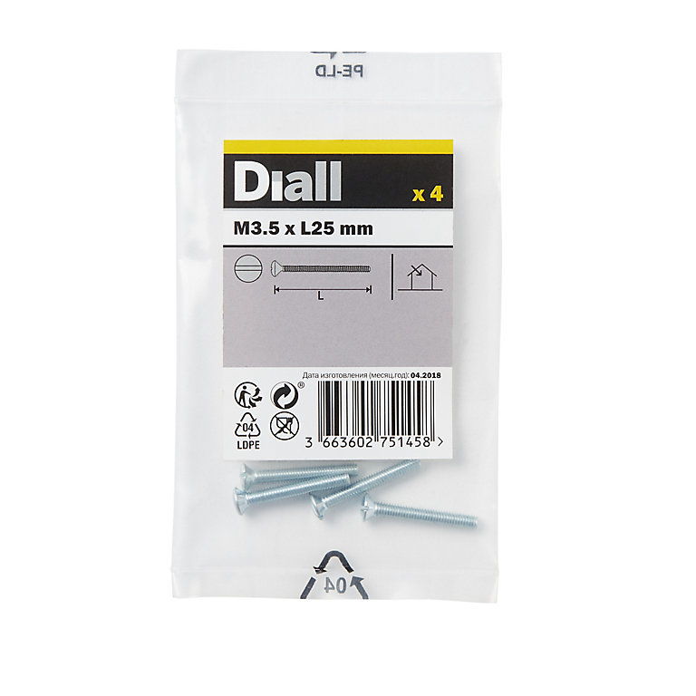 Product image for Diall Raised-countersunk Zinc-plated Carbon steel Switch box screw (Dia)3.5mm (L)25mm, Pack of 4