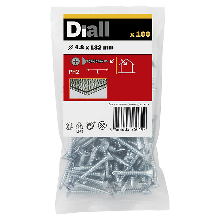 Image of Diall Countersunk Zinc-plated Carbon steel Screw (Dia)4.8mm (L)32mm, Pack of 100
