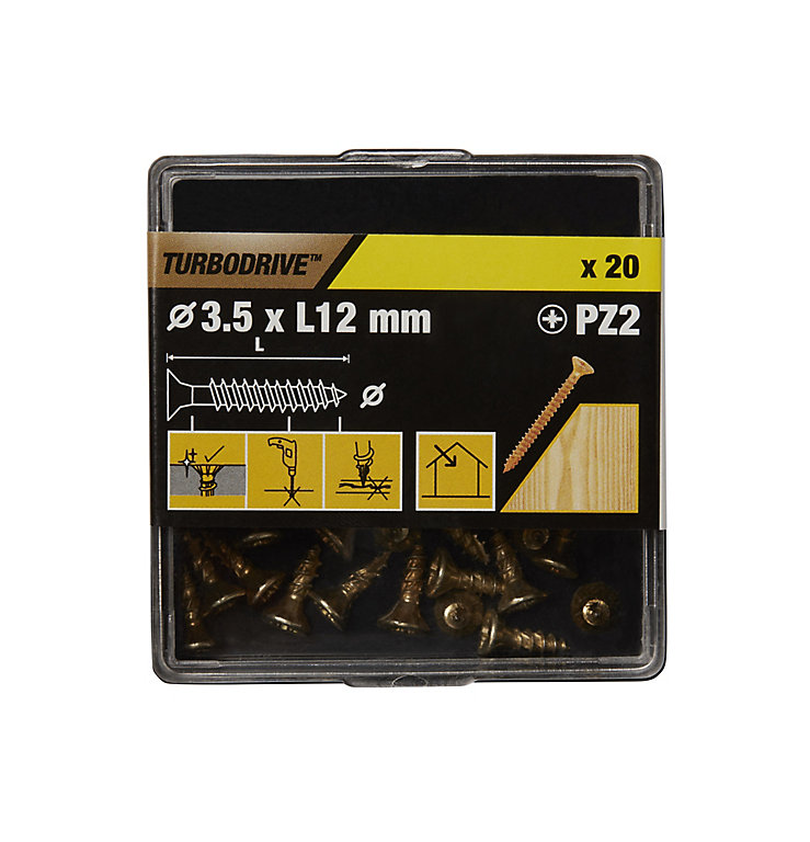 Product image for TurboDrive Pozidriv Yellow-passivated Steel Screw (Dia)3.5mm (L)12mm, Pack of 20