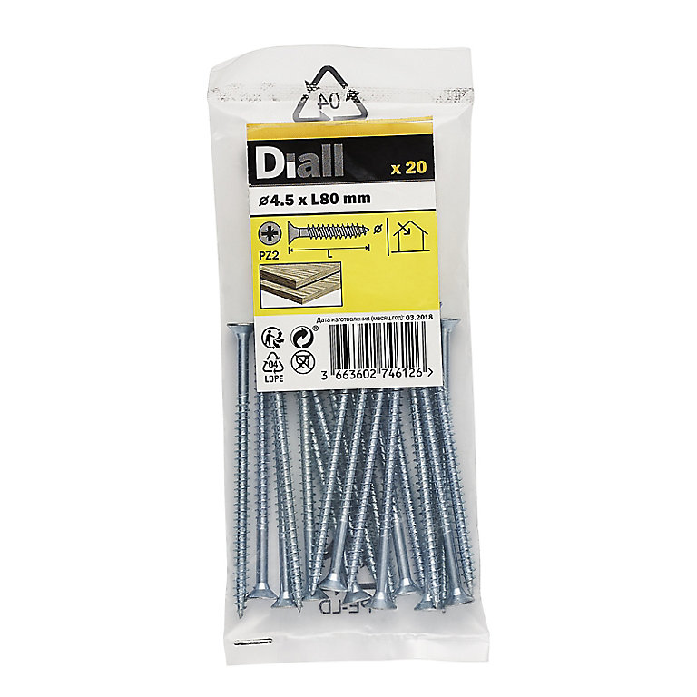 Product image for Diall Zinc-plated Carbon steel Screw (Dia)4.5mm (L)80mm, Pack of 20