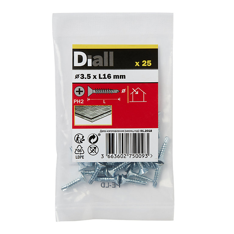 Product image for Diall Phillips Countersunk Zinc-plated Carbon steel (C1022) Self-drilling screw (Dia)3.5mm (L)16mm, Pack of 25
