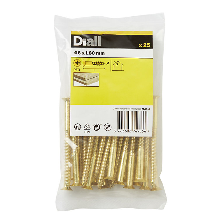 Product image for Diall Pozidriv Brass Screw (Dia)6mm (L)80mm, Pack of 25