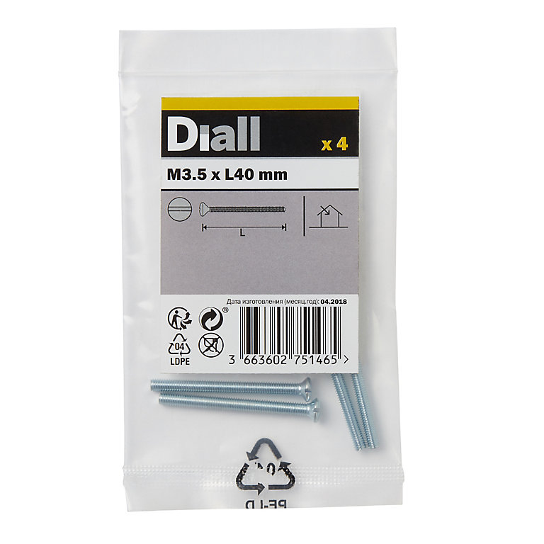 Product image for Diall Raised-countersunk Zinc-plated Carbon steel Switch box screw (Dia)3.5mm (L)40mm, Pack of 4