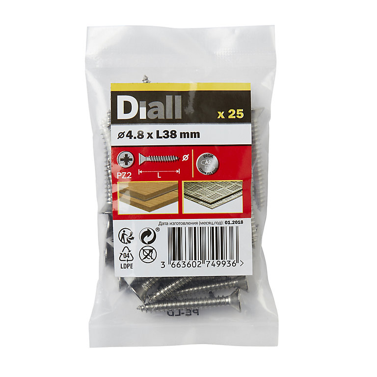 Product image for Diall Pozidriv Countersunk A2 stainless steel Screw (Dia)4.8mm (L)38mm, Pack of 25