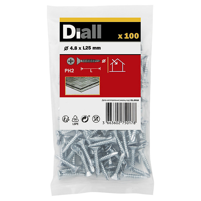 Product image for Diall Countersunk Zinc-plated Carbon steel Screw (Dia)4.8mm (L)25mm, Pack of 100