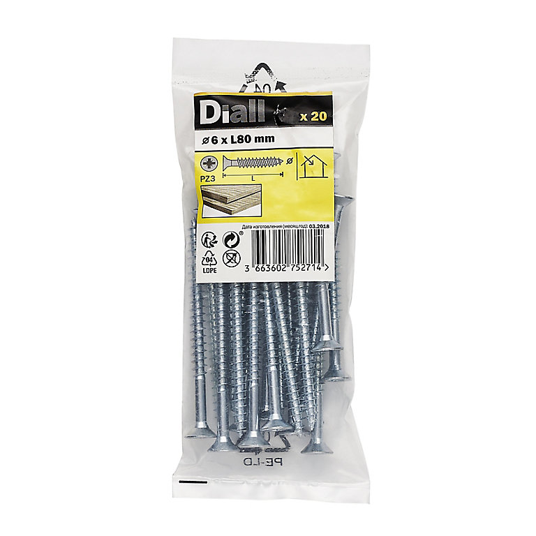 Product image for Diall Zinc-plated Carbon steel Screw (Dia)6mm (L)80mm, Pack of 20