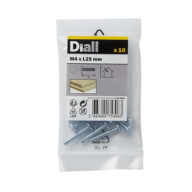 Product image for Diall Pan head Zinc-plated Carbon steel Drawer knob Screw (Dia)4mm (L)25mm, Pack of 10