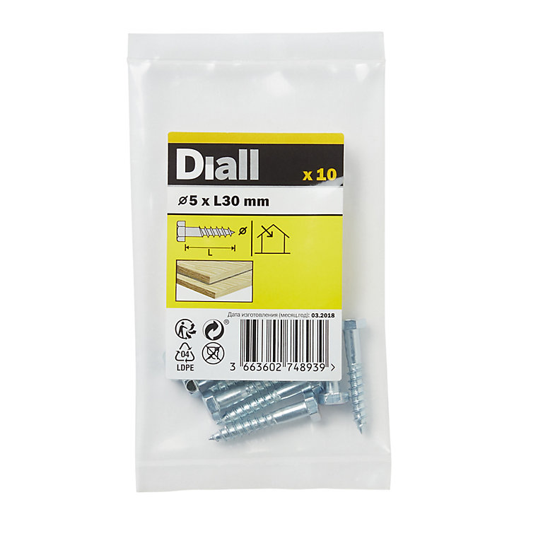 Product image for Diall Hex Zinc-plated Carbon steel Coach screw (Dia)5mm (L)30mm, Pack of 10