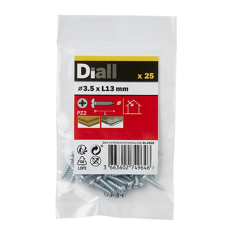 Product image for Diall PZ Pan head Zinc-plated Hardened steel Self-drilling screw (Dia)3.5mm (L)13mm, Pack of 25
