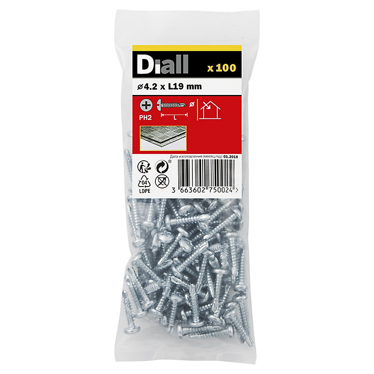 Product image for Diall Phillips Pan head Zinc-plated Carbon steel (C1022) Self-drilling screw (Dia)4.2mm (L)19mm, Pack of 100