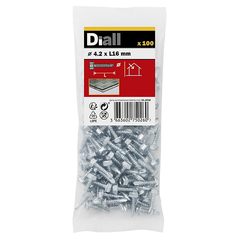 Product image for Diall Hex Zinc-plated Carbon steel Screw (Dia)4.2mm (L)16mm, Pack of 100