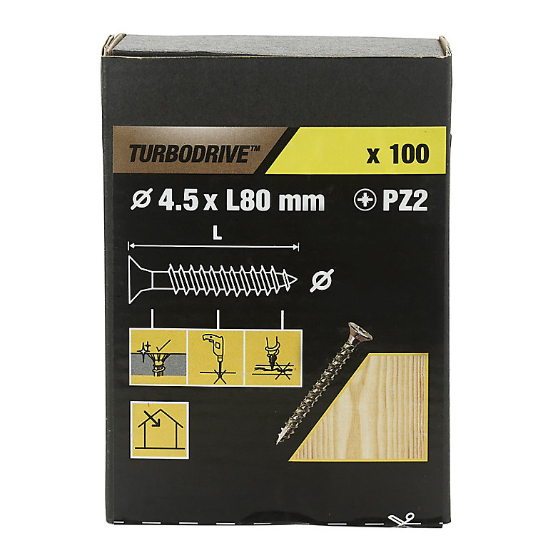 Product image for TurboDrive Yellow-passivated Steel Screw (Dia)4.5mm (L)80mm, Pack of 100