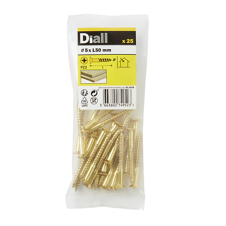 Product image for Diall Pozidriv Brass Screw (Dia)5mm (L)50mm, Pack of 25