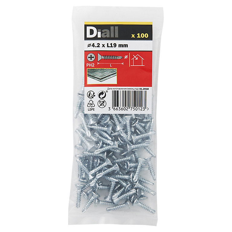 Product image for Diall Phillips Countersunk Zinc-plated Carbon steel (C1022) Self-drilling screw (Dia)4.2mm (L)19mm, Pack of 100