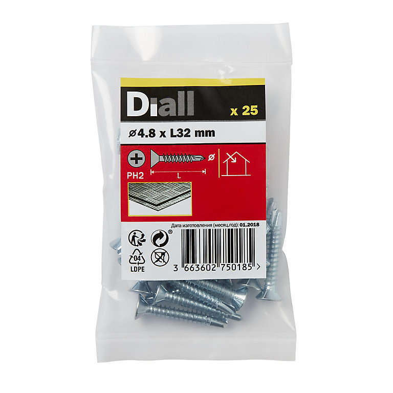 Product image for Diall Phillips Countersunk Zinc-plated Carbon steel (C1022) Self-drilling screw (Dia)4.8mm (L)32mm, Pack of 25