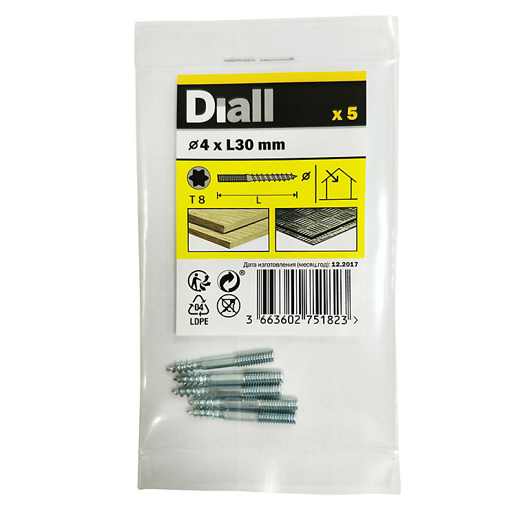Product image for Diall Torx Yellow-passivated Carbon steel Dowel screw (Dia)4mm (L)30mm, Pack of 5