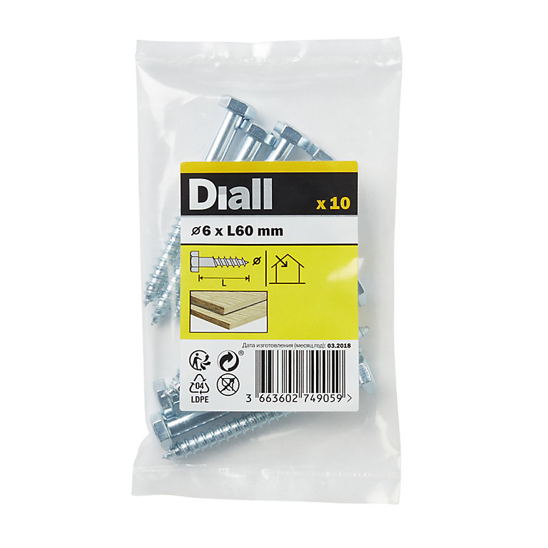 Product image for Diall Hex Zinc-plated Carbon steel Coach screw (Dia)6mm (L)60mm, Pack of 10