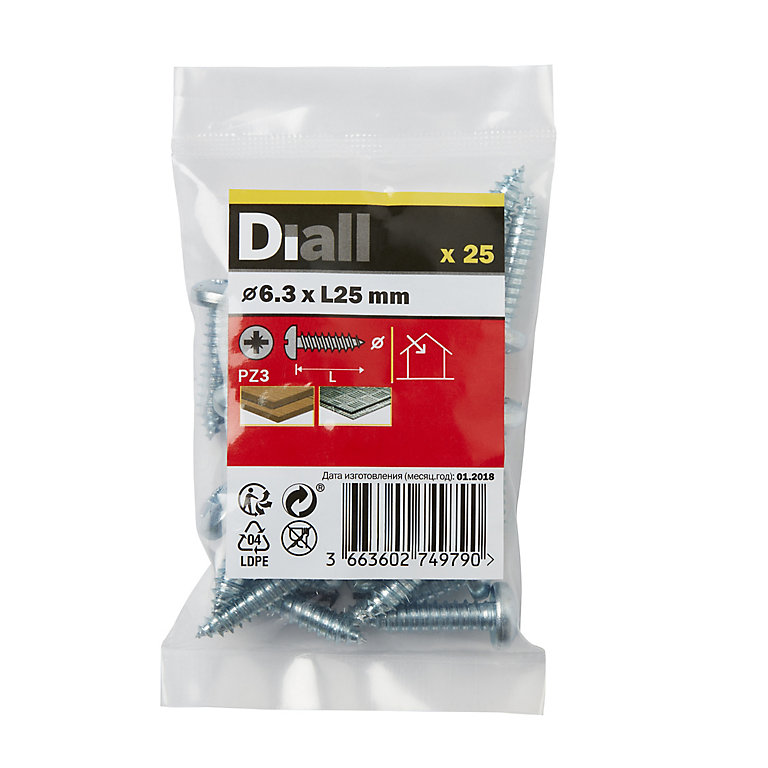 Product image for Diall Pozidriv Pan head Zinc-plated Carbon steel Screw (Dia)6.3mm (L)25mm, Pack of 25