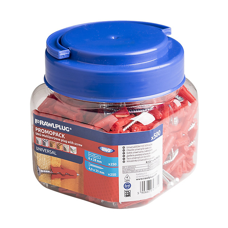 Image of Rawlplug Red Multi-purpose screw & wall plug (Dia)6mm (L)28mm, Pack of 250
