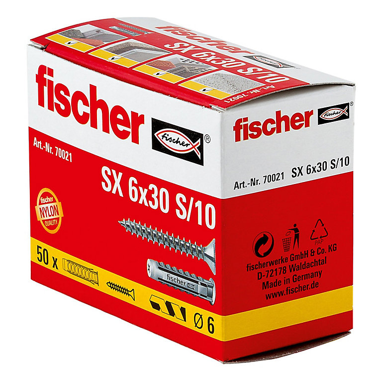 Product image for Fischer Grey Multi-purpose screw & wall plug (Dia)6mm (L)30mm, Pack of 50