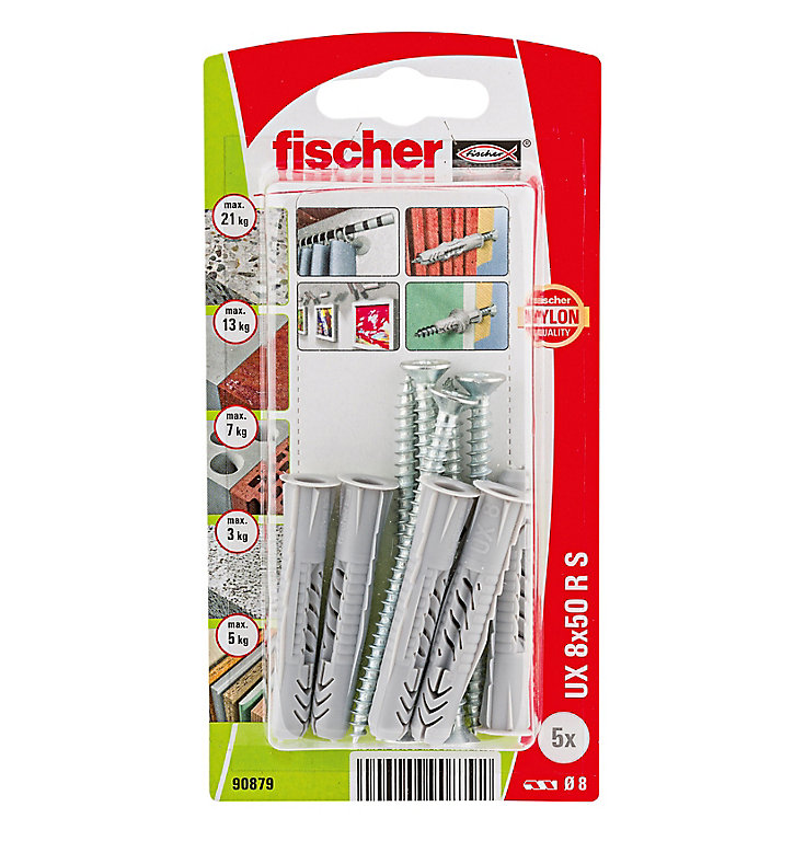 Image of Fischer Grey Multi-purpose screw & wall plug (Dia)8mm (L)50mm, Pack of 5