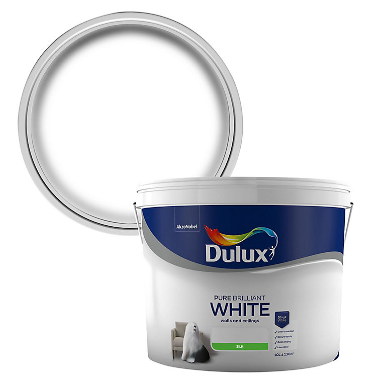Product image for Dulux Walls & Ceilings Pure brilliant white Silk Emulsion paint, 10L